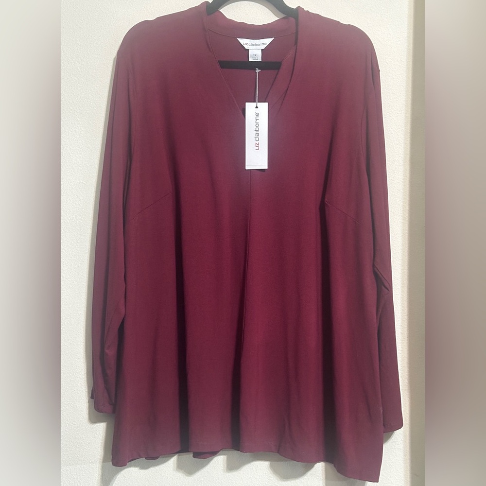 NEW - Liz Claiborne Women’s Red Burgundy Long Sleeve V-Neck Tunic - Size 1X